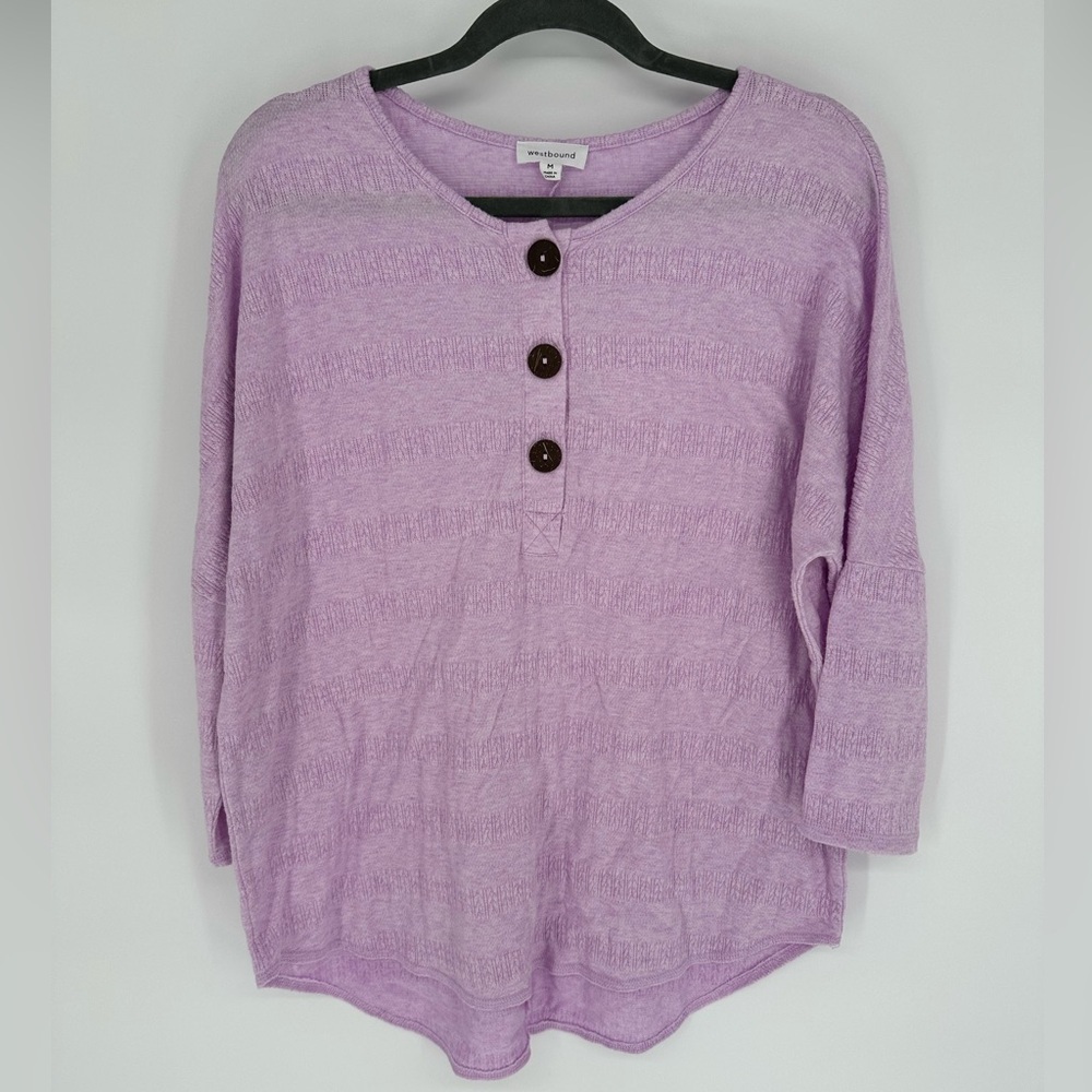 Westbound Purple 3/4 Sleeve Henley Top Size M High Low Hem Lightweight Knit